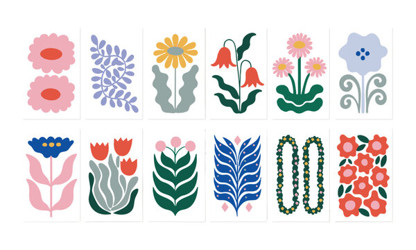 Colorful Stylized Flowers And Leaves Collection.