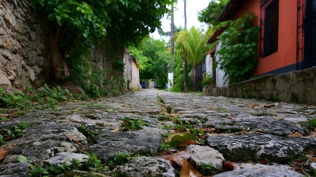 A narrow cobblestone path winds through lush greenery beside weathered walls and colorful buildings under soft daylight