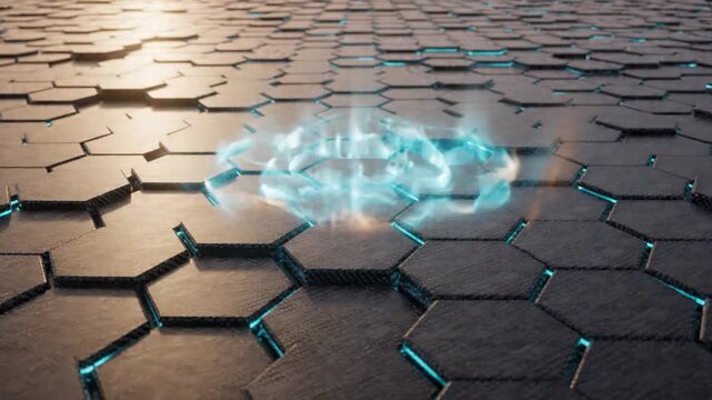 Animated dark hexagonal floor tiles activate with glowing blue energy burst