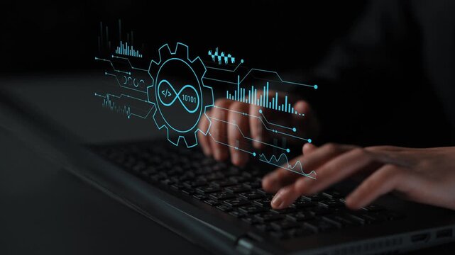 Hands Typing on Keyboard with Futuristic Digital Interface Displaying Data Analytics, Machine Learning, and Technology Concept. Entropy.