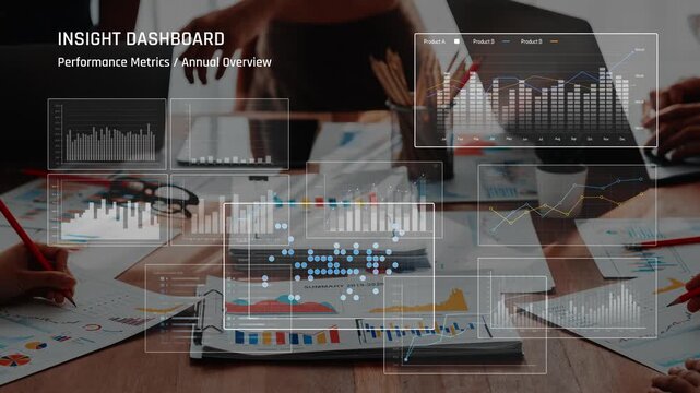 A detailed insight dashboard displaying performance metrics with charts and graphs, as team members analyze strategies and data on a wooden table. Raster