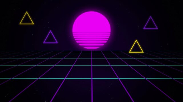 Synthwave sunset glowing wireframe triangles seamless looping motion