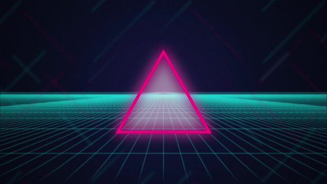 Neon pink triangle retro grid seamless loop motion background