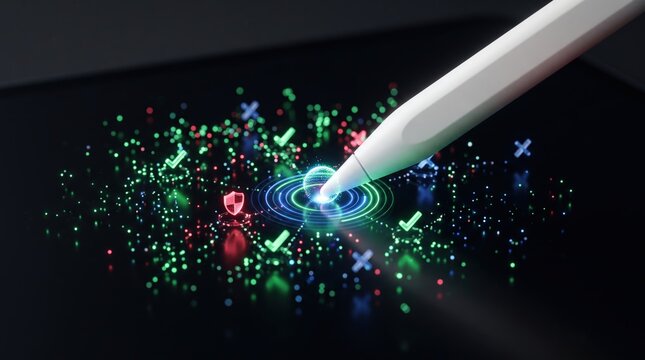 Digital stylus interacting with glowing abstract data visualization on dark background