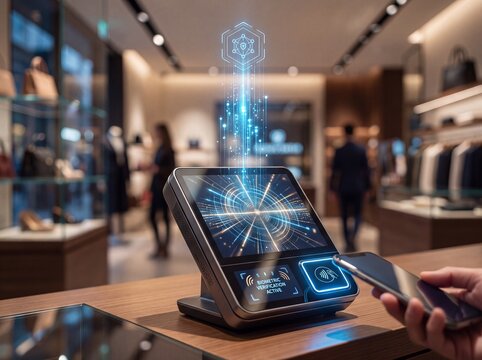 Digital point of sale terminal with biometric verification interface in a modern retail clothing shop with displays holographic biometric verification graphics
