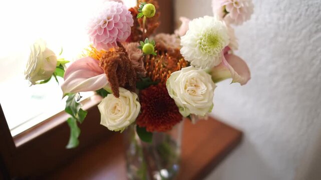 Elegant Bouquet with White Roses, Dahlias and Pink Anthurium by Window
