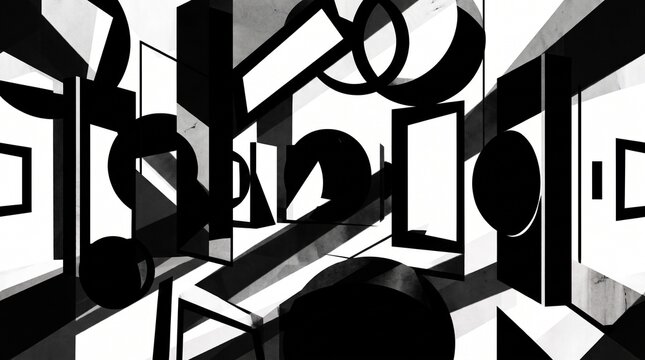 Dynamic geometric abstraction with high contrast black shapes and dramatic light rays.