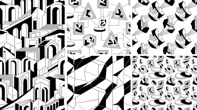 Collection of surreal architectural landscapes and geometric art patterns in black ink.