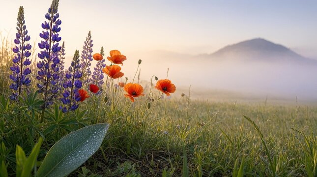 Brass lantern and red poppy in a misty mountain field at sunrise.