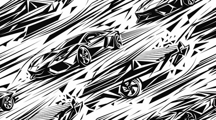 Seamless vector pattern with black and white sports cars driving at high speed motion. © Alfik A