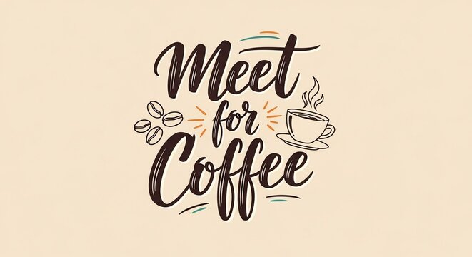 Hand-drawn lettering "Meet for Coffee" with coffee beans and a steaming cup.