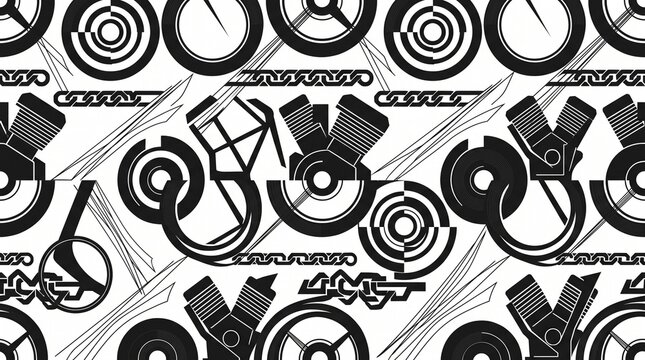 Technical mechanical pattern with motorcycle engines wheels and chains in monochrome style.