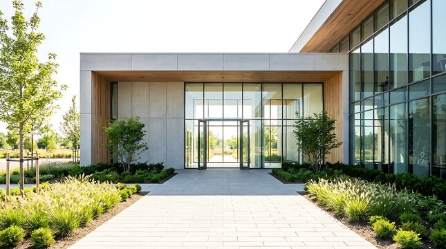 First time here visitor entering modern corporate headquarters building with glass facade and landscaping