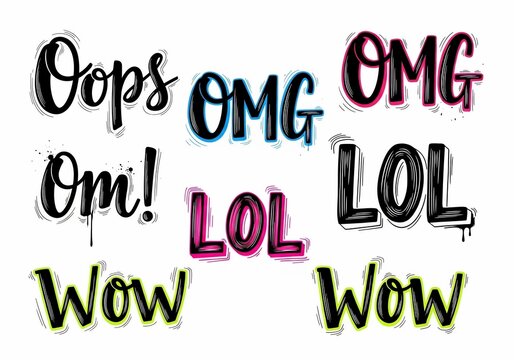 Handwritten Exclamations: Oops, OMG, Om!, LOL, Wow. Vector Text Overlays.