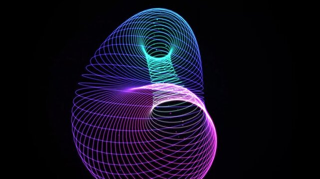 Abstract neon wireframe torus loop, glowing geometric 3D mesh animation, futuristic digital data visualization for tech backgrounds