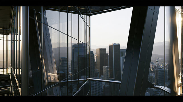 Double Exposure of Modern Glass Skyscraper Reflecting Vibrant City Skyline at Sunset