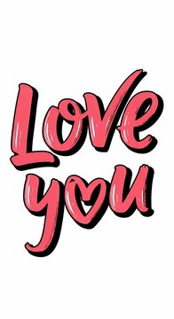 Handwritten phrase "Love you" with a heart, vibrant pink, isolated on white.