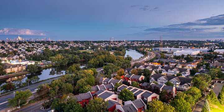 Aerial panorama of Nutley and Lyndhurst New Jersey at evening twilight
