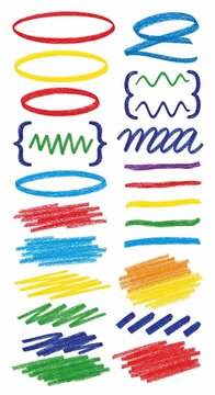 Colorful abstract strokes, doodles, and highlights on white background.