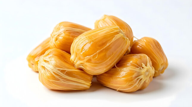 Fresh yellow jackfruit pods piled neatly on a clean white background