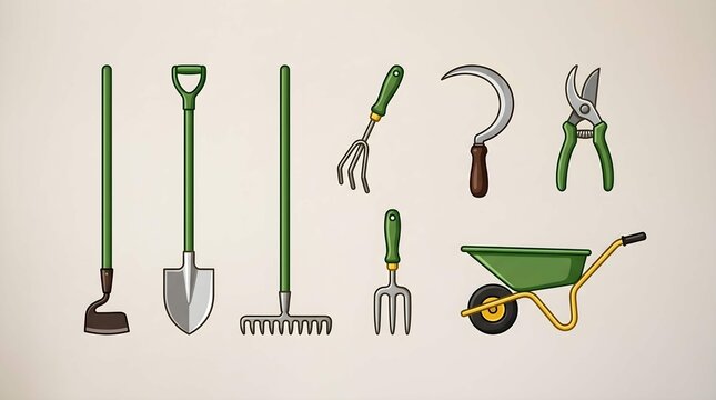 Garden tools set with shovel rake hoe fork sickle shears and cart
