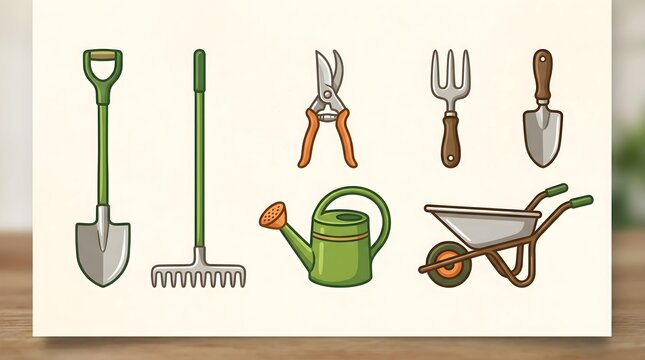 Garden tools collection with shovel rake watering can and wheelbarrow