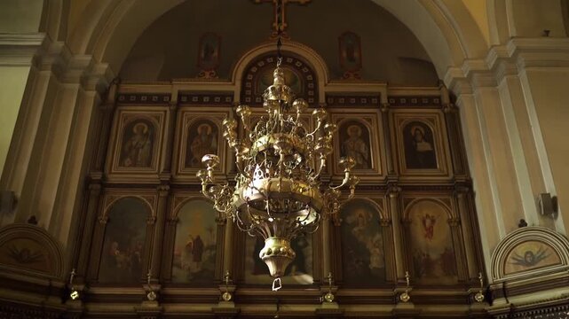 Ornate altar and iconostasis with silver icons, candlesticks and checkered marble floor, Church of St Nicholas Kotor Montenegro