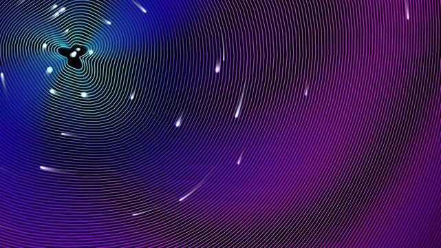 Abstract digital space background, glowing purple and blue cosmic nebula, falling light particles and moire pattern texture