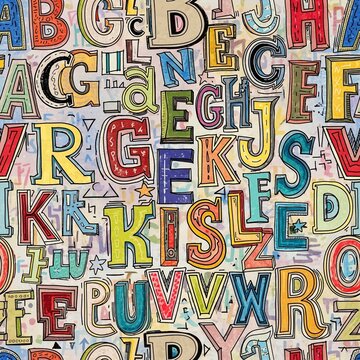 Colorful, distressed alphabet letters jumbled together, educational, creative, playful, artistic pattern.