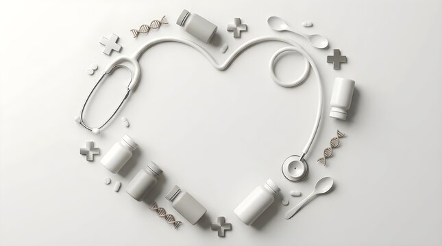 Heart shape made from a stethoscope and medical equipment on white background with medical supplies healthcare background heart health doctor tools clinical equipment hospital supplies medicine