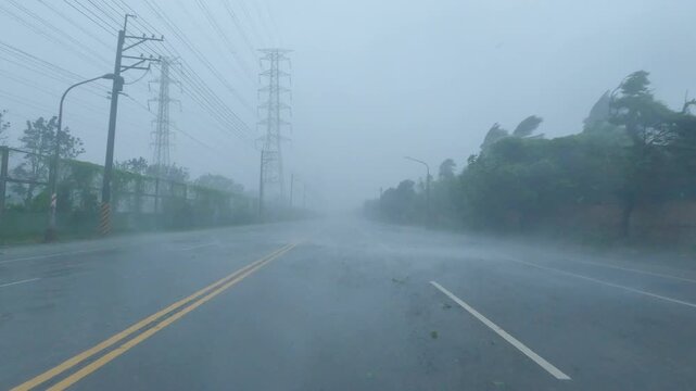 Driving Through Sheets Of Rain In Strong Hurricane Force Winds