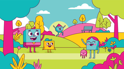 Naklejka premium Cute geometric shape characters playing in a colorful summer park