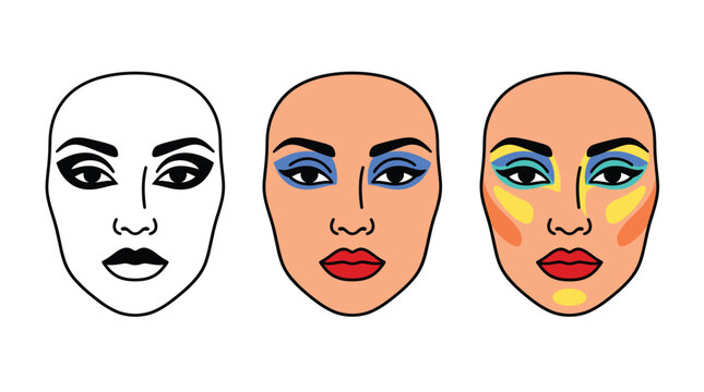 Female face charts showing makeup application stages