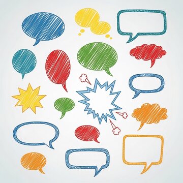 Colorful hand-drawn speech bubbles and thought clouds, communication icons, diverse dialogue shapes, graphic design elements, expressive shapes.