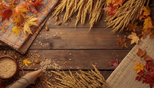 Autumn Harvest: A rustic wooden table adorned with seasonal elements, featuring grains, wheat stalks, and fallen leaves, evoking a sense of harvest bounty and autumnal warmth.