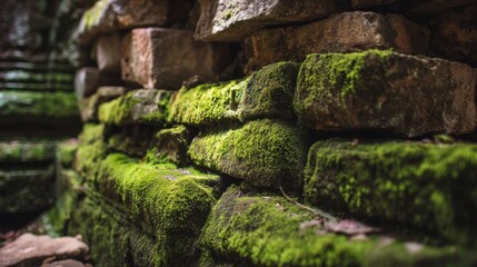 Obraz premium Ancient stone walls inside ta prohm temple with moss covered weathered surfaces and dramatic natural light, historic khmer architecture and cultural heritage in angkor, cambodia
