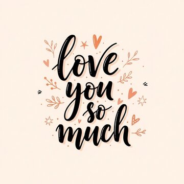 Handwritten love quote, hearts, decorative foliage, pastel background