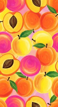 Vibrant Peach and Apricot Pattern with Green Leaves, Fresh Summer Fruit, Healthy Food Background
