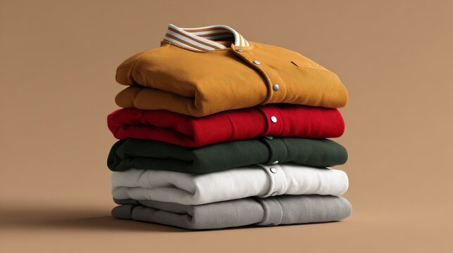 Comfort and self-expression varsity jacket mockup folded neatly, featuring a clean blank surface for custom logos, patches, graphics, typography, fashion branding, apparel design, merchandise concepts