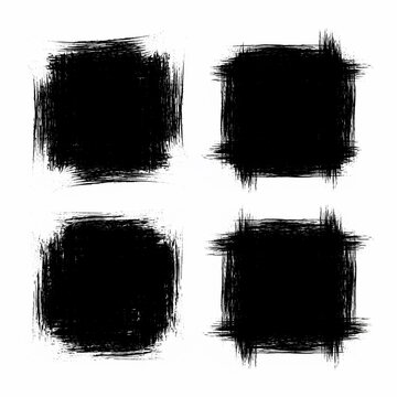 Four textured black square brush strokes with rough edges on white background.
