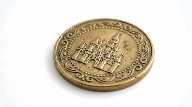 Golden token medallion with embossed castle fortress engraving on white surface
