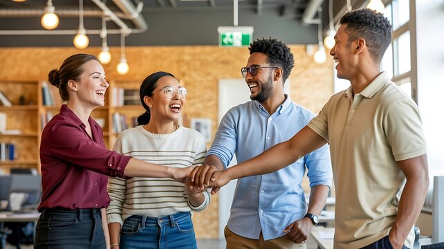 Diverse business team joins hands together in unity while standing in a modern office.