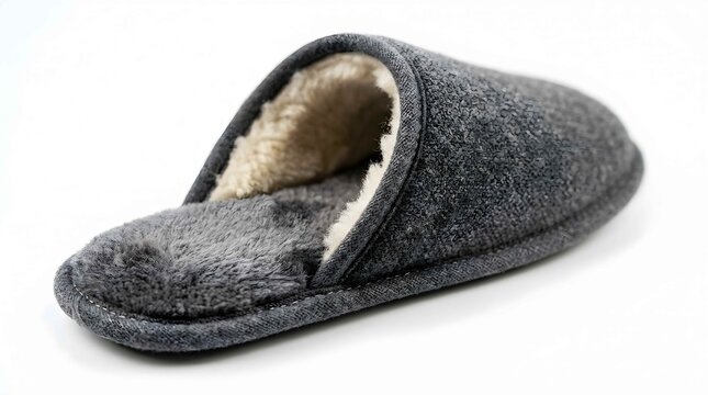 Gray house slipper with soft fleece lining on a white background