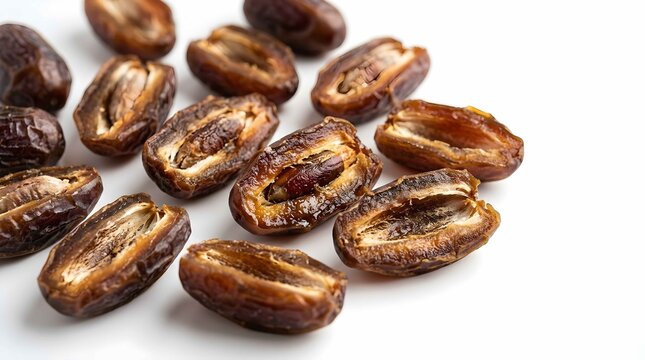 Group of pitted dried date fruits arranged on a clean white background