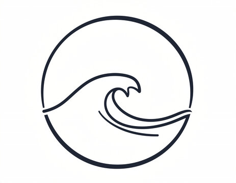 Minimalist ocean wave enclosed in a circle. Bold black lines contrast with clean white background. Elegant design evokes motion and fluidity. Suitable for logos, branding, or nature-inspired visuals