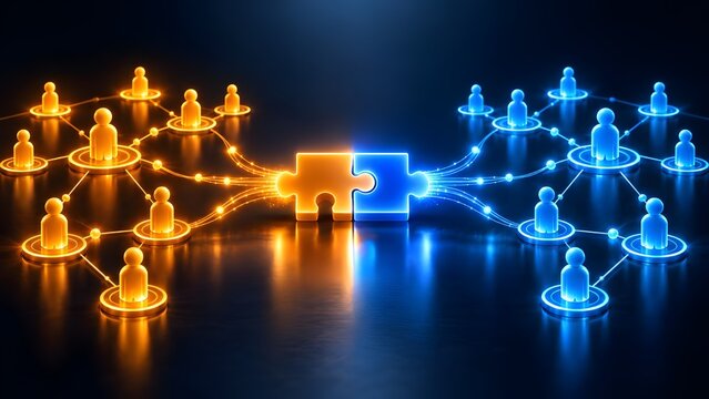 Glowing puzzle pieces linking two digital human networks representing corporate merger and digital partnership