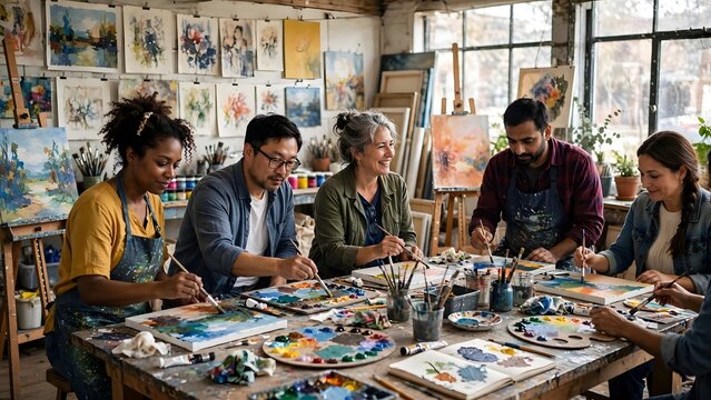 Group of artists creating paintings together in a welcoming community art environment