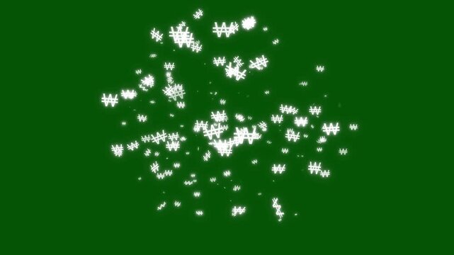Glowing white korean won krw currency icon symbol motion graphics loop with shiny glitter particles and bokeh effect on green background for finance and business concept, economy, savings, 4k