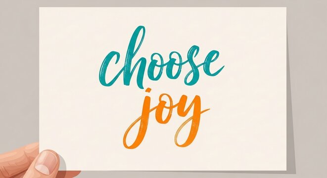 Hand holding card with inspirational quote "Choose Joy" in colorful script text on off-white background.
