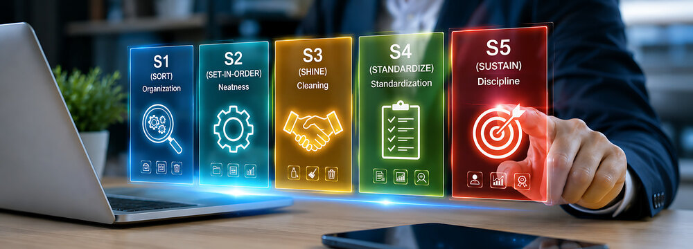 5s lean manufacturing methodology display with digital interface buttons for workplace organization and operational efficiency improvement.
